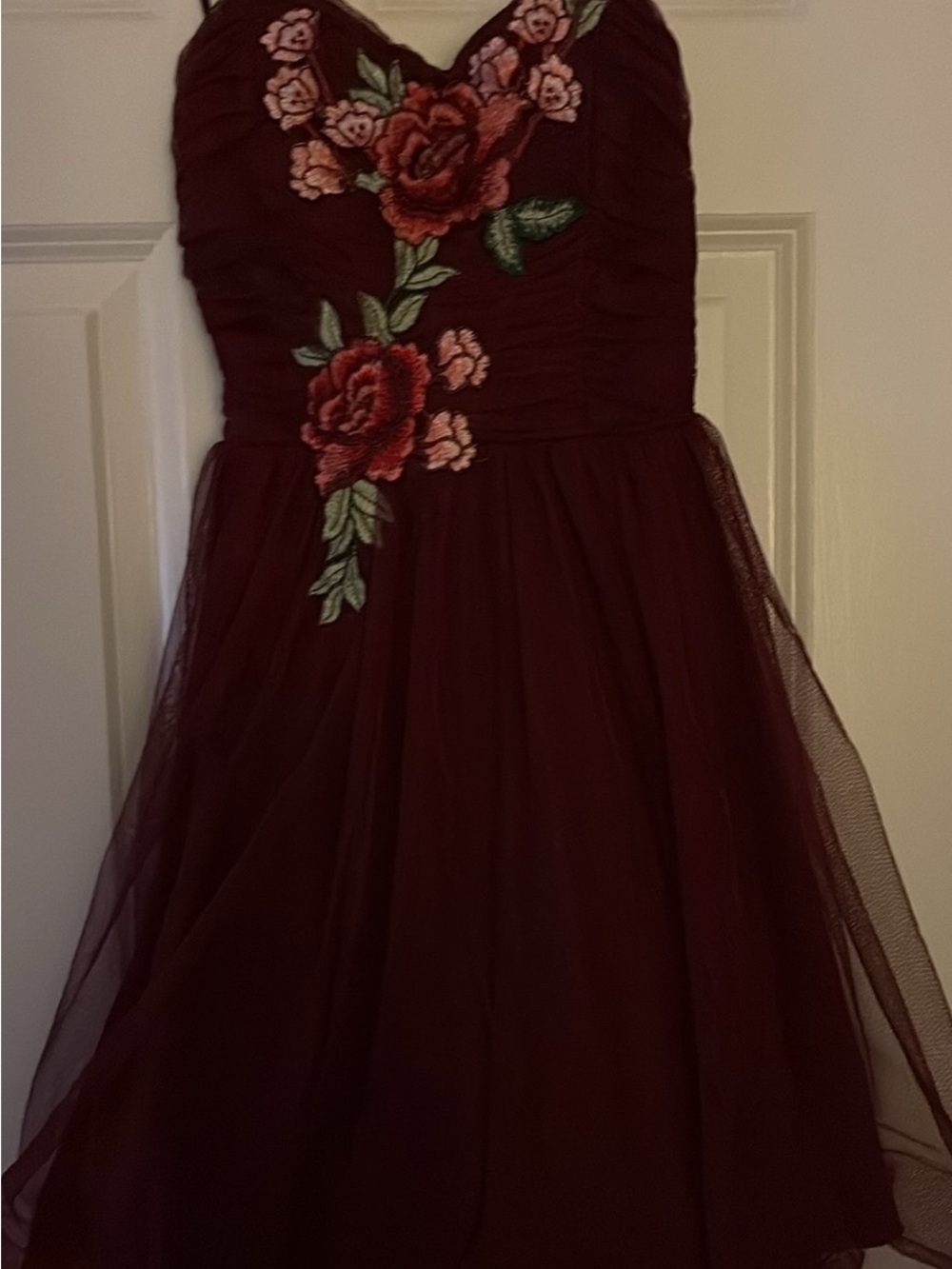 Darling Burgundy Floral Appliqué Tulle Dress